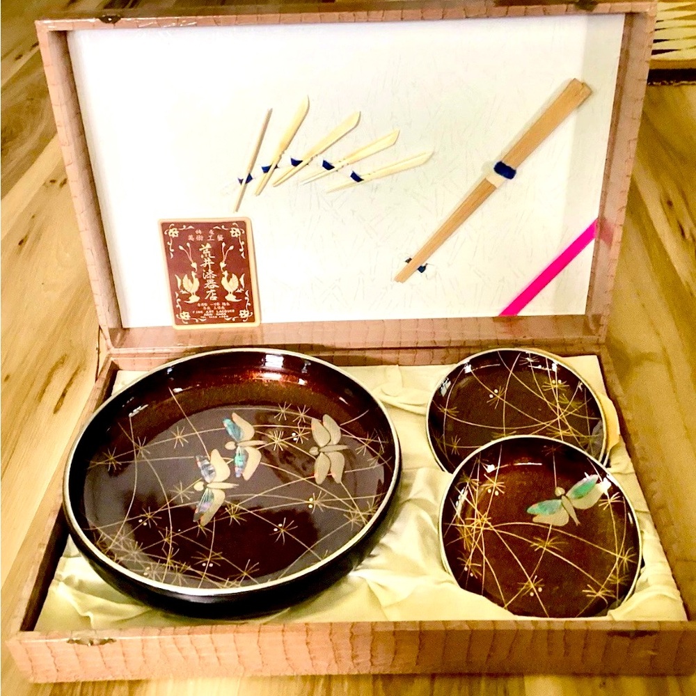 Japanese Nara Arai Lacquerware Urushi 5 Pc Serving Set Inlay MOP Dragonflies